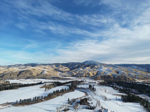 An Aerial Photography of a Snow Covered Ground with Trees Near the Mountains