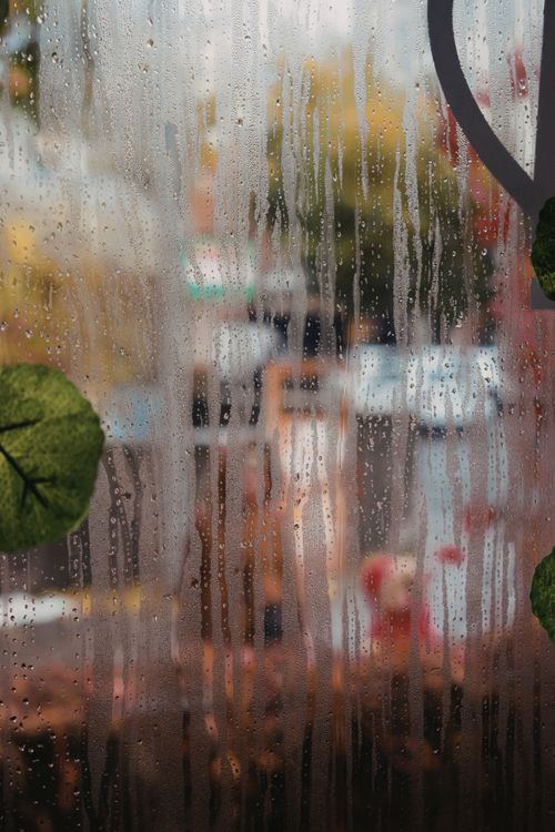 Free Blurred view through a rain-soaked window featuring water droplets and leaves. Stock Photo