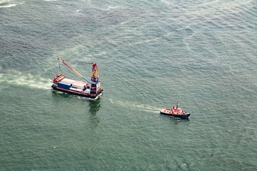 Aerial image of a tugboat and crane ship navigating the waters of Hong Kong harbor.