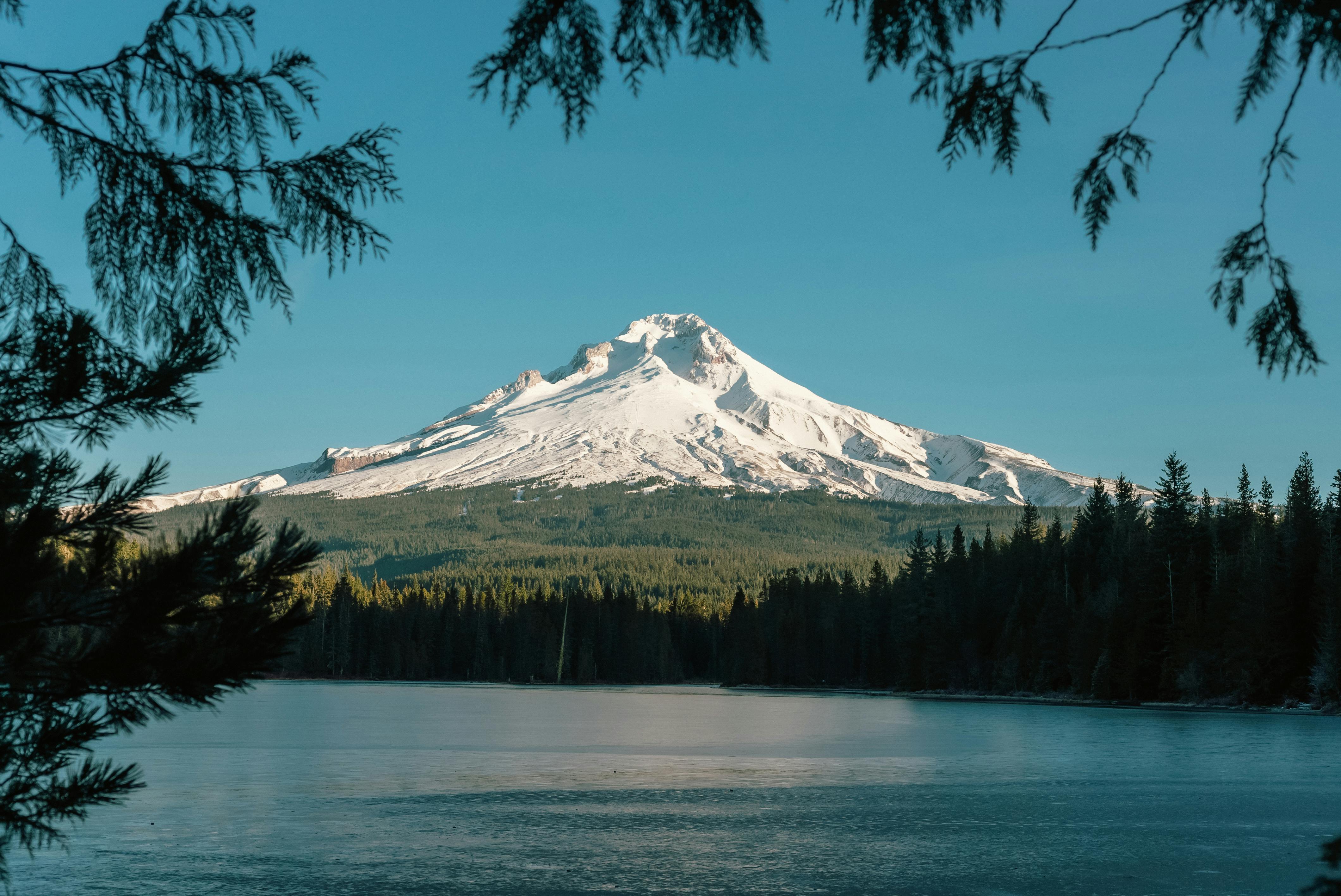 view of a snow capped mountain from the lake