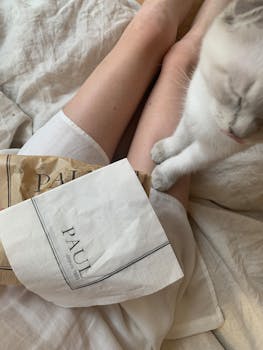 Relaxing morning in Paris with a cat, legs, and bakery paper. Warm and comforting vibe.