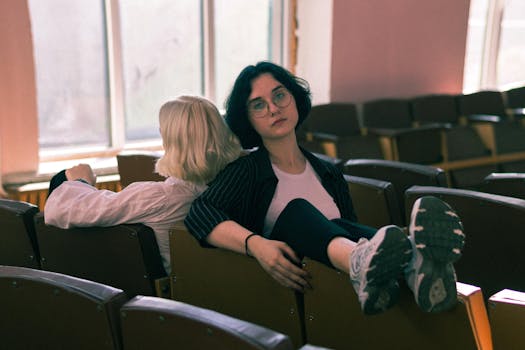 Two young women sitting in an empty classroom, one facing forward, the other with back turned.