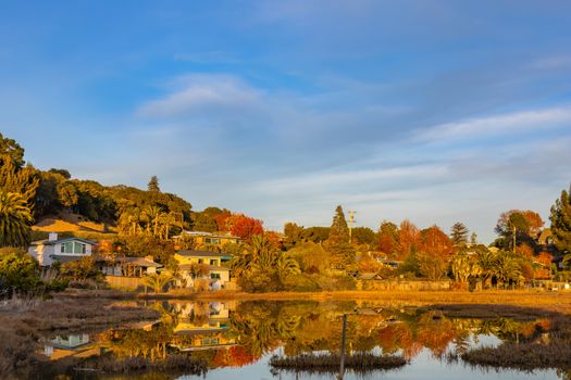 Charming bay with lush foliage and houses reflected in calm waters under a clear blue sky.