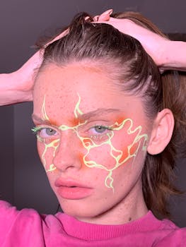 Close-up portrait with creative neon makeup and freckles in Kharkiv, Ukraine.