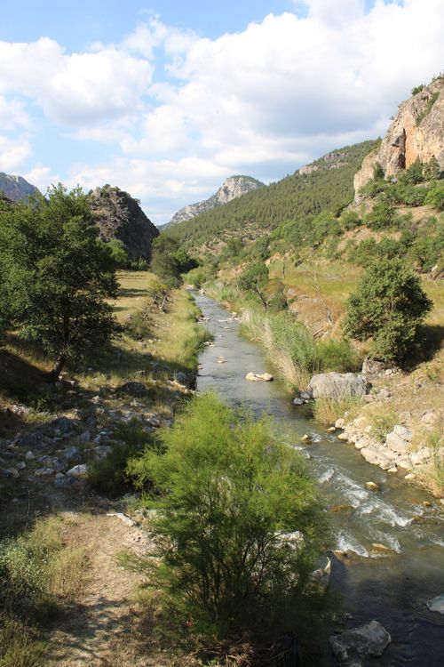 Free A serene river winds through a mountainous landscape under a summer sky. Stock Photo