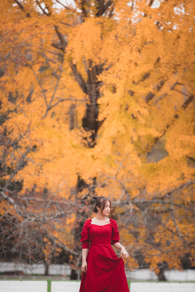 Woman In Red Dress Walking Near Trees