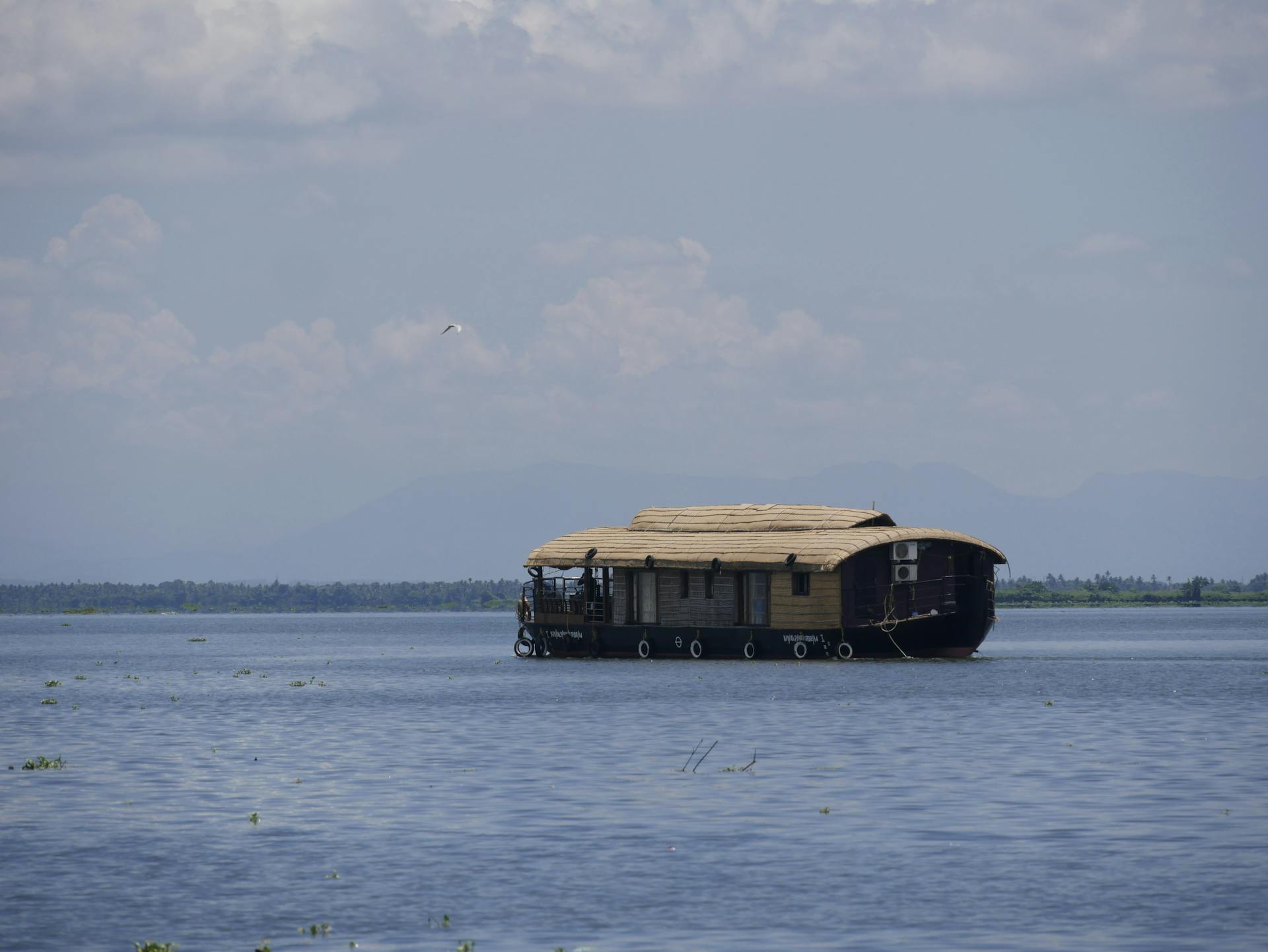 Serene view of a houseboat floating on Kerala's tranquil backwaters under a cloudy sky.