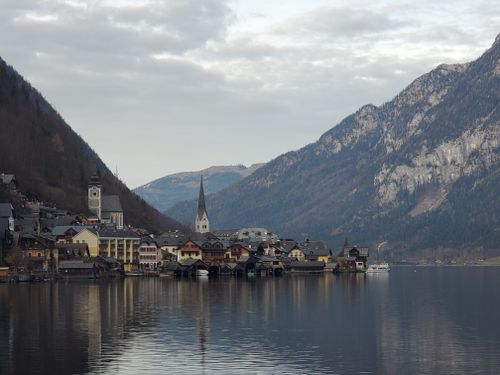 Hallstatt village by the lake with mountains