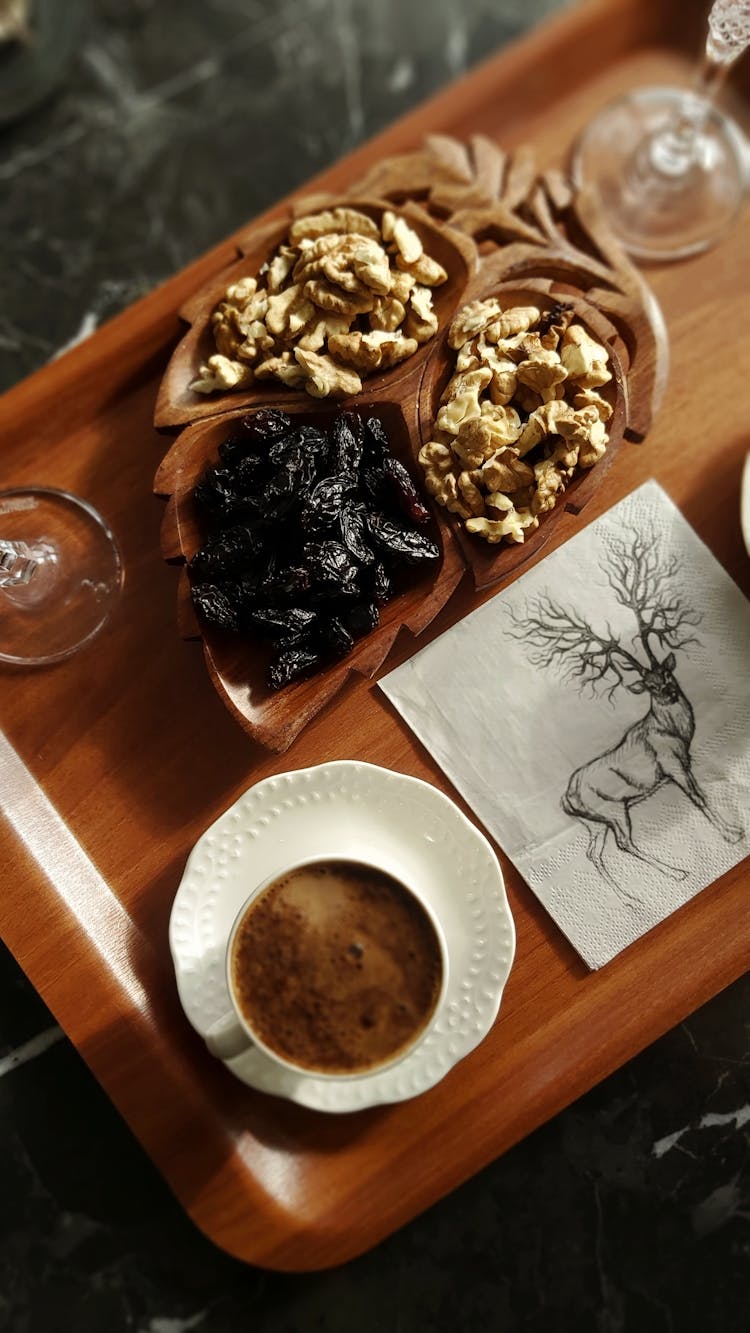 Coffee, Nuts And Buck Drawing On Tray