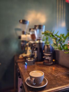 Warm indoor coffee shop setting with a cup of espresso on a wooden table, alongside coffee machines and plants.
