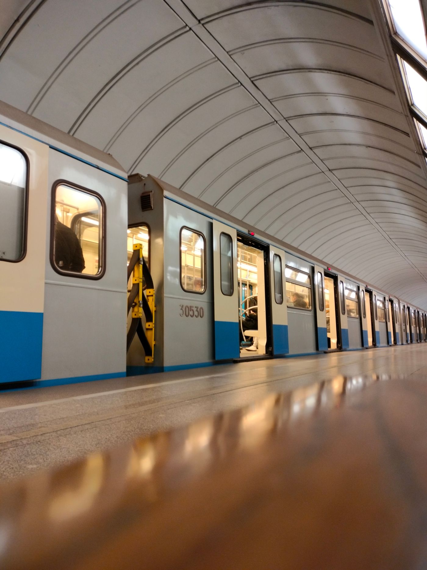 Metro train at an urban station