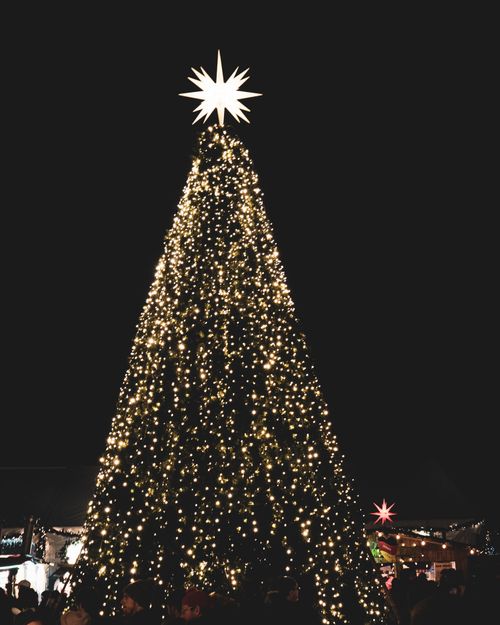 Free A beautifully lit Christmas tree glowing in the night with a festive crowd below. Stock Photo
