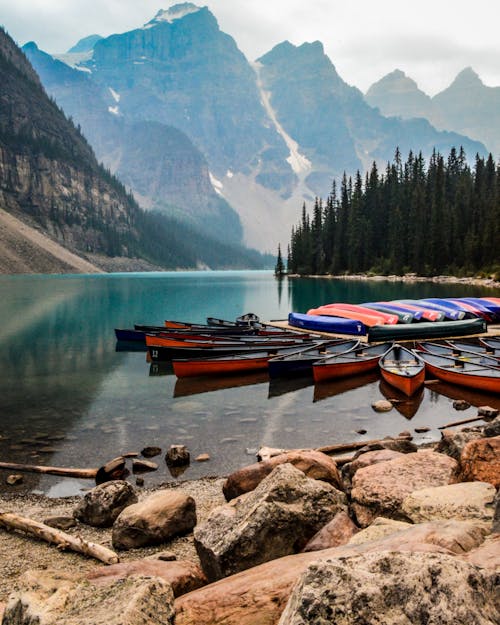 Canoes Docked on Moraine Lake