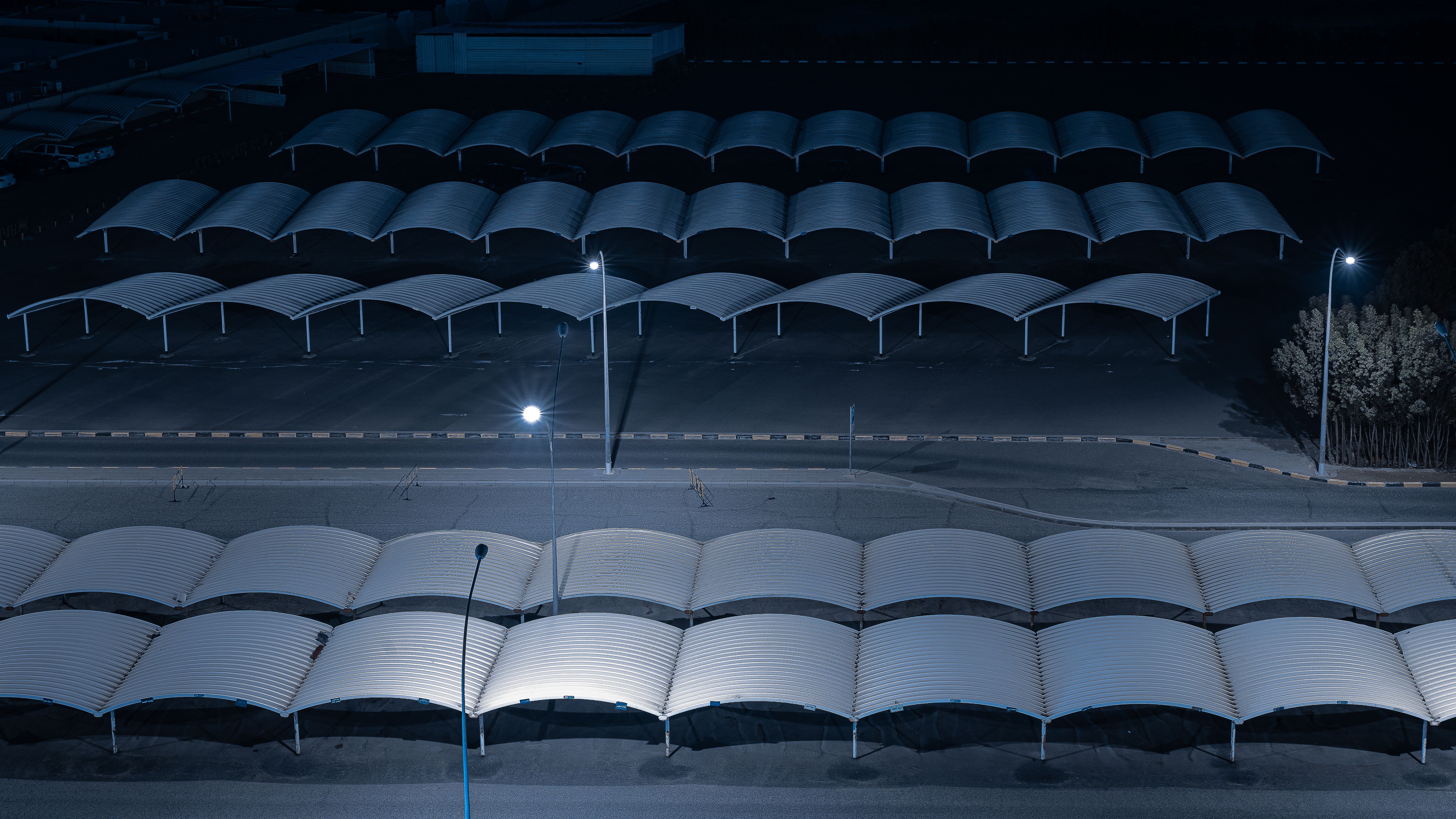 Large commercial parking lot at night