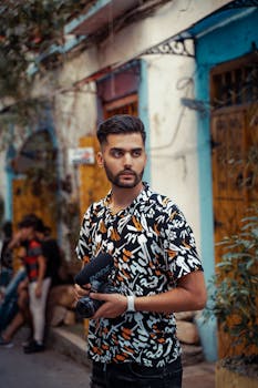 Portrait of a young photographer in Annaba, Algeria capturing vibrant street life.