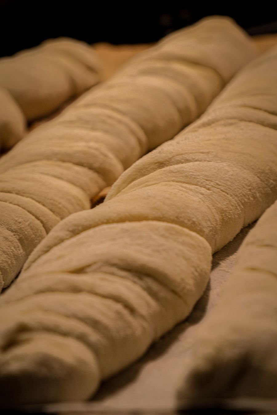 Piezas de masa alargadas, ya formadas y enharinadas, reposando