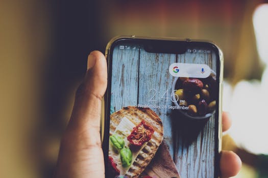 特写镜头中，一只手拿着智能手机，屏幕上显示着食物图像，场景在室内