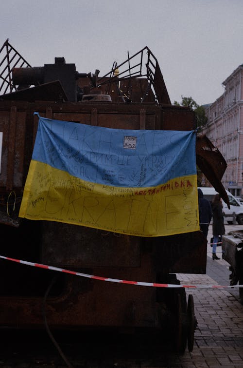 Ukrainian Flag on a Rusty Machine