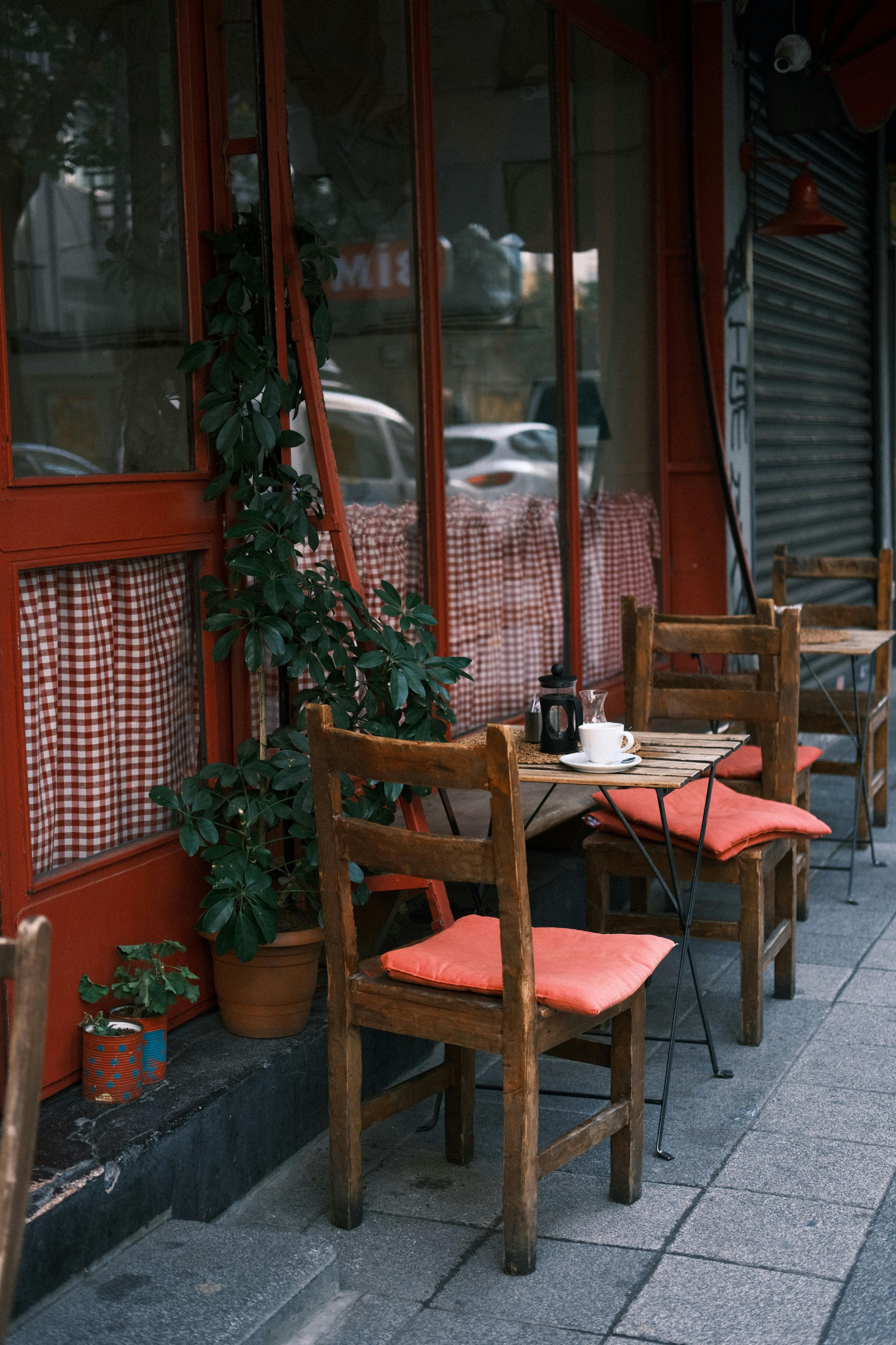 Charming outdoor cafe with wooden chairs, potted plants, and a cozy atmosphere.