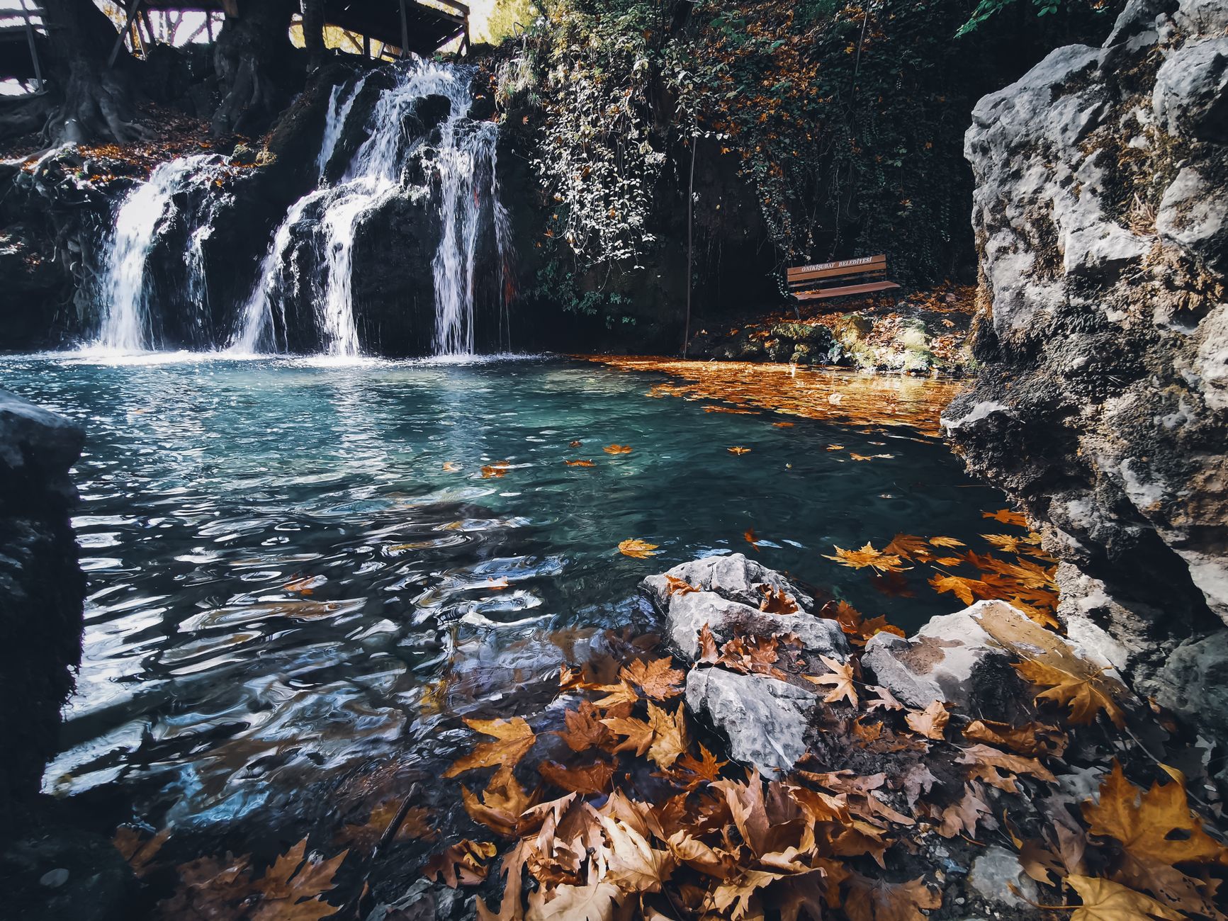 Peaceful waterfall flowing into a pool surrounded by fall leaves and rocky terrain.