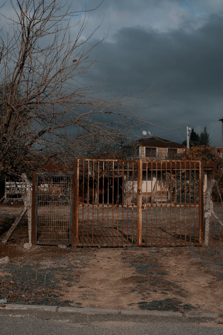 An Abandoned House With Metal Gate And Leafless Tree On The Street