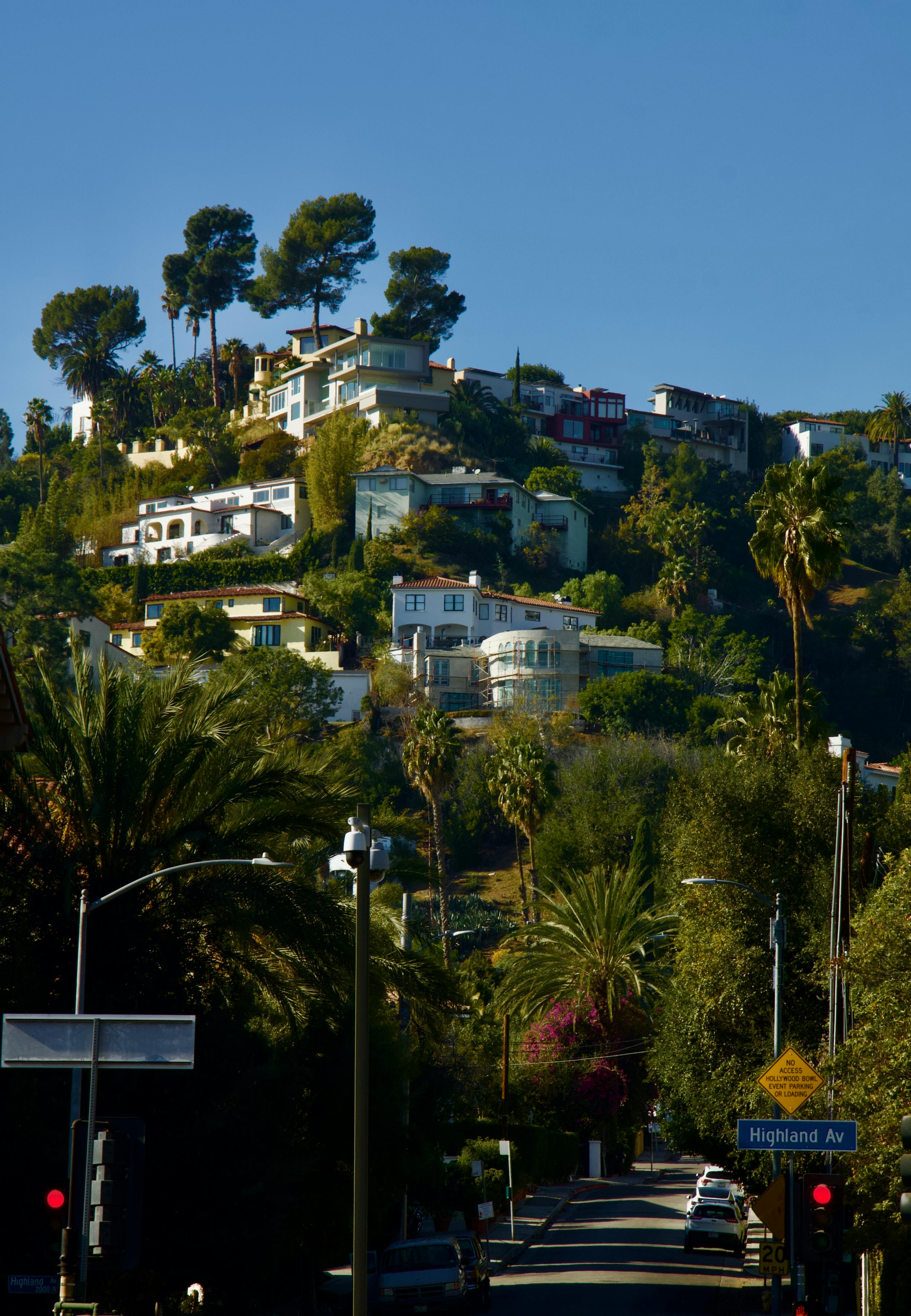 View of Houses on a Hill on Highland Ave, Los Angeles, California, USA