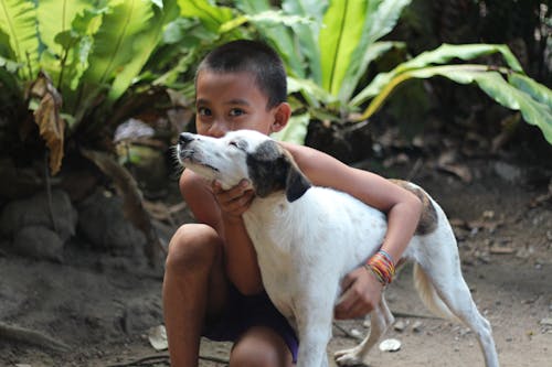 Free Photograph of a Kid Holding a Dog Stock Photo