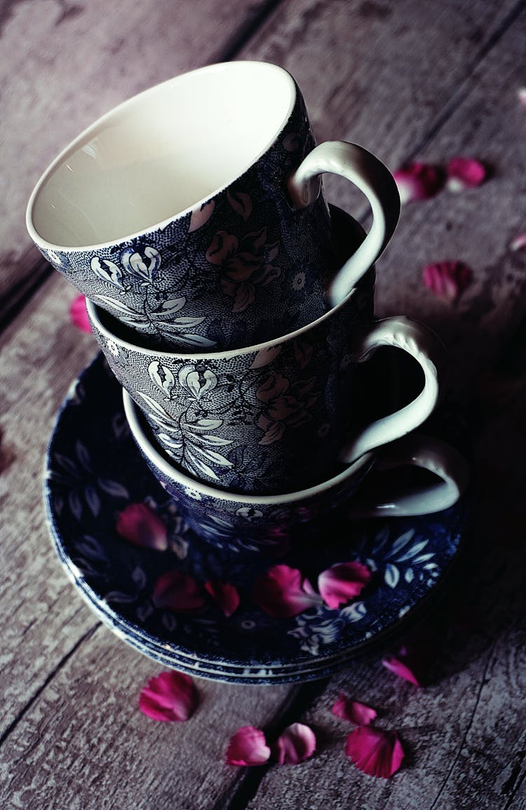 Three Black Floral Teacups