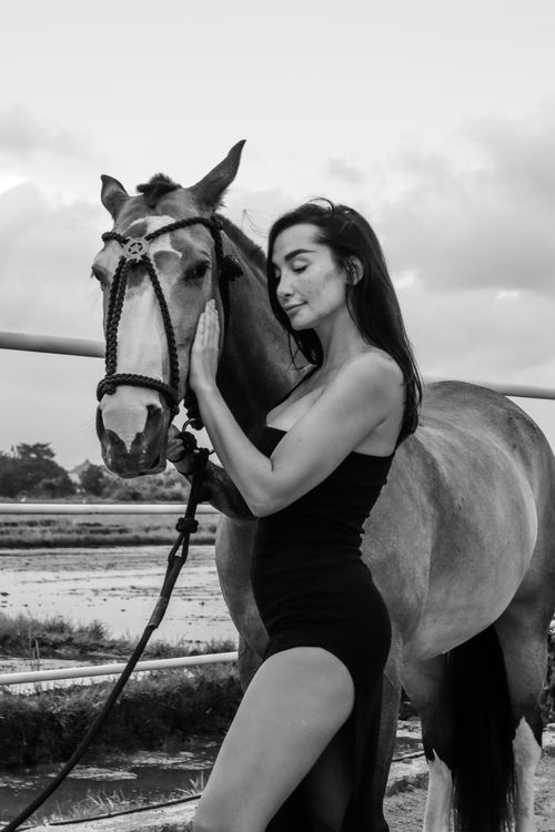 Free Elegant woman in a stylish black dress posing with a horse outdoors. Stock Photo