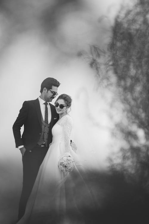 Grayscale Photography of a Newlywed Couple Standing Beside Each Other ...
