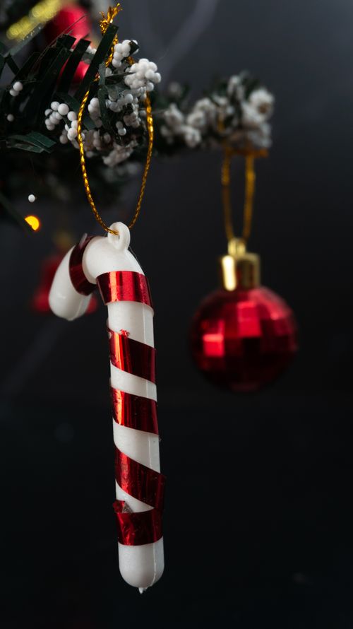 Free Close-up of a Christmas candy cane ornament hanging on a decorated tree branch. Stock Photo