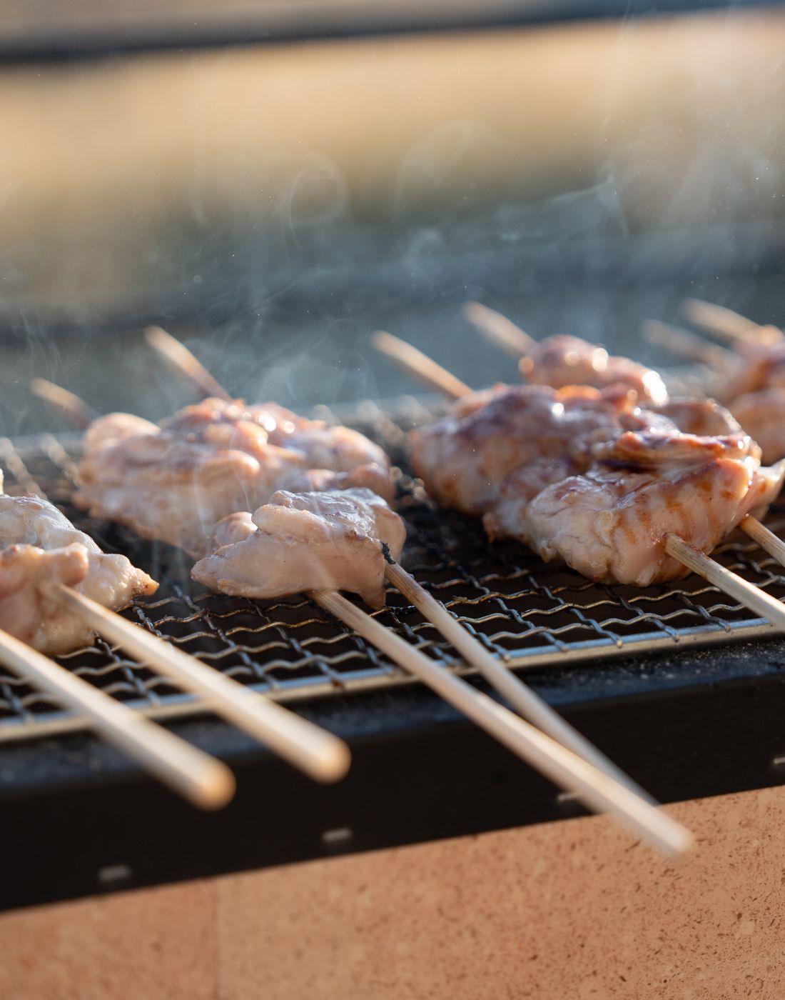 Juicy meat skewers roasting on a grill, outdoors with a touch of smoke.