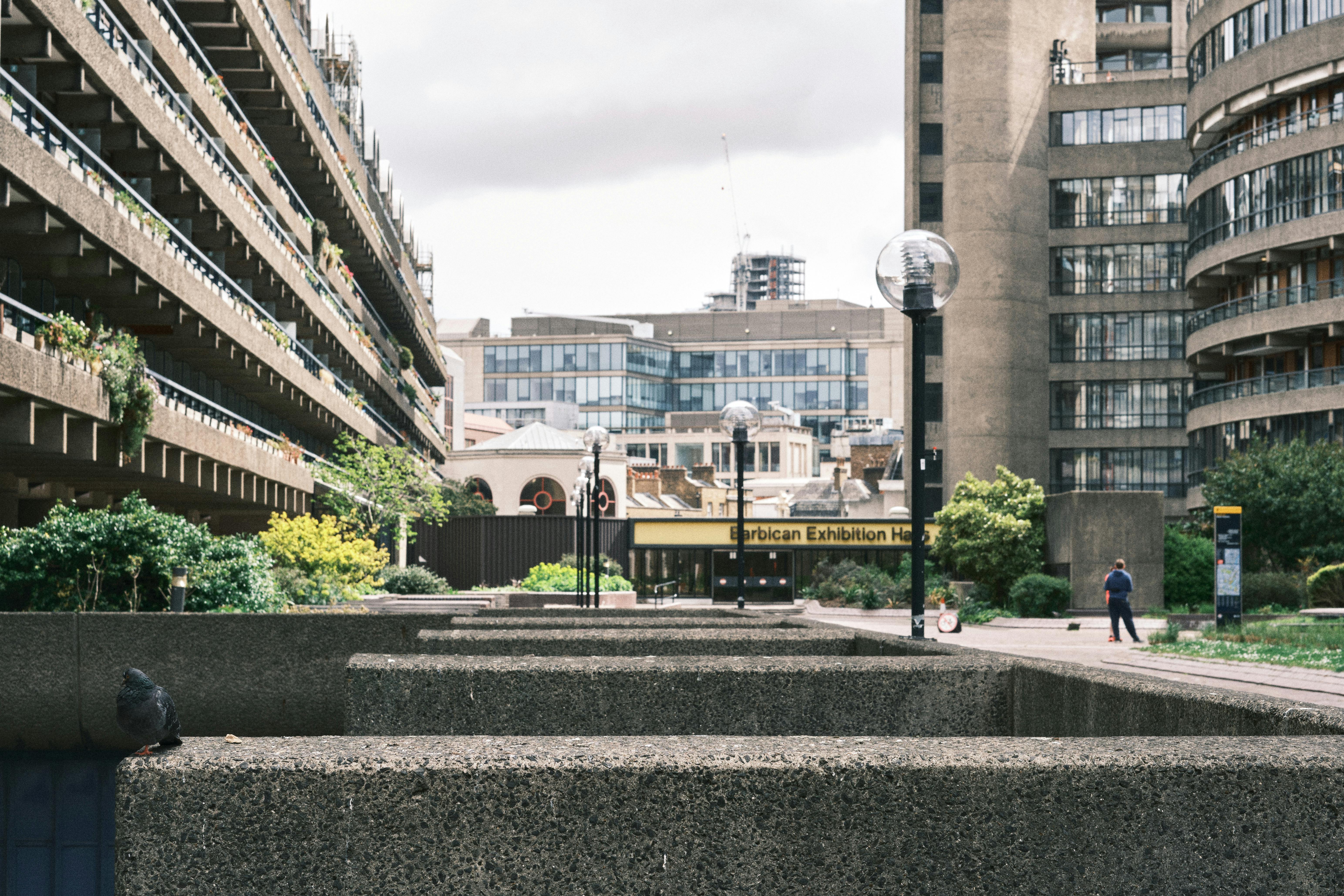 A view of the Brutalist architecture at the Barbican Centre in London, showcasing urban design.