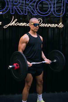 A strong man lifting weights indoors, showcasing fitness and strength.