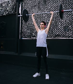 A young man lifting a barbell outdoors, showcasing strength and dedication to fitness goals.