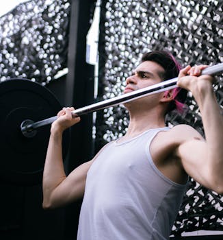 A muscular man engages in weightlifting exercise at gym, focusing on strength training.