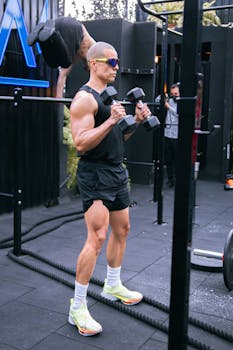 A man working out with dumbbells at an outdoor gym in Mexico City, emphasizing fitness and healthy lifestyle.