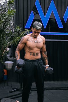 Shirtless man lifting dumbbells in an outdoor gym in Mexico, showcasing a muscular physique.