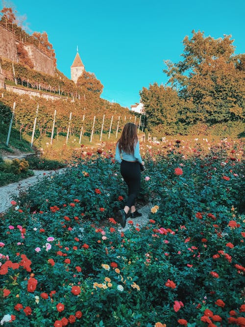 Femme Entourée De Plantes à Fleurs