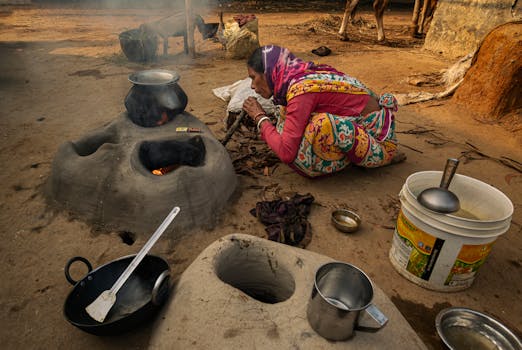 A woman in colorful attire cooks on a traditional clay stove in Jhargram, India, depicting rural life.