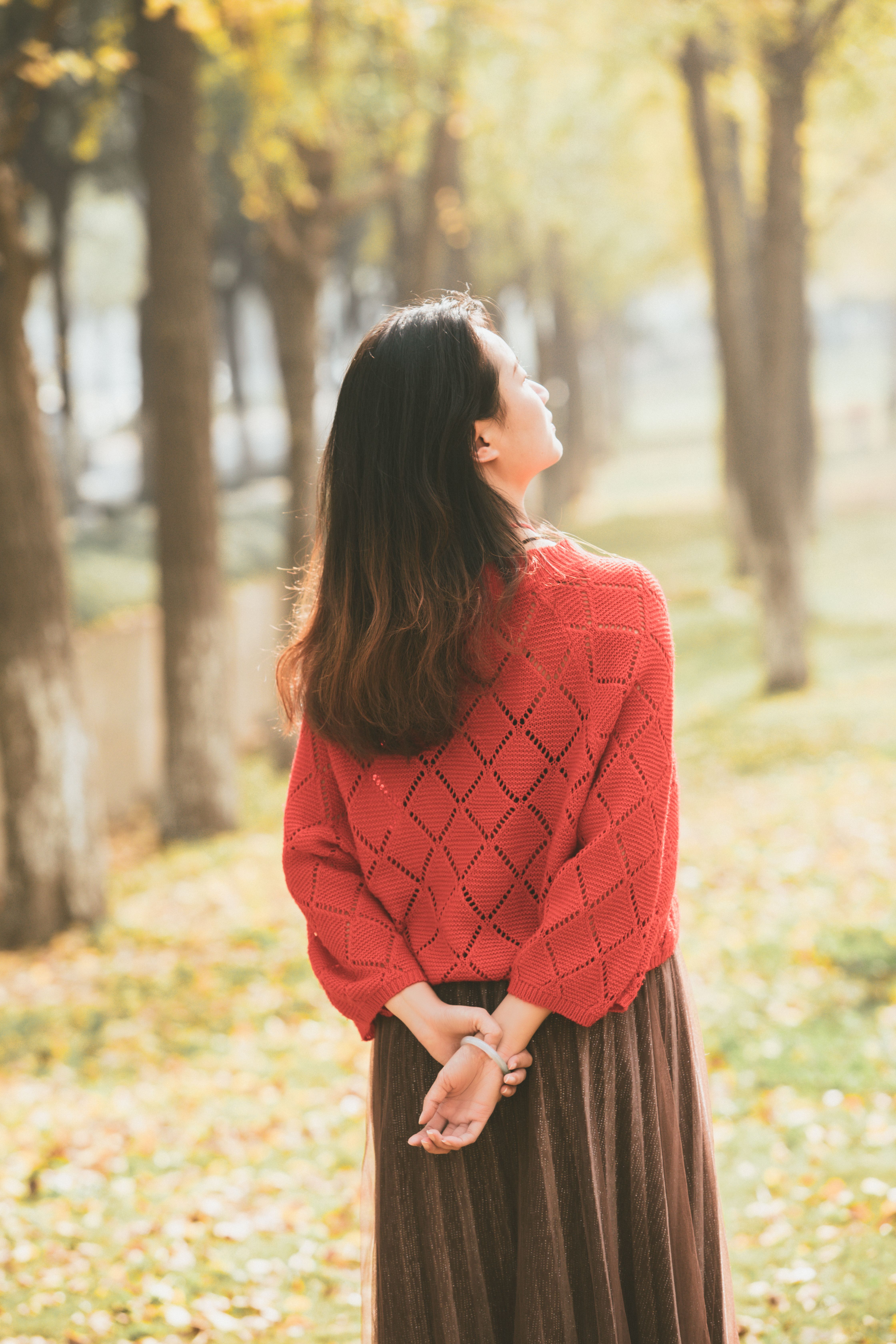 Woman in Red Knit Sweater and Brown Skirt · Free Stock Photo