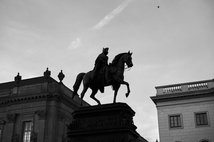 Equestrian Statue In Grayscale Photography