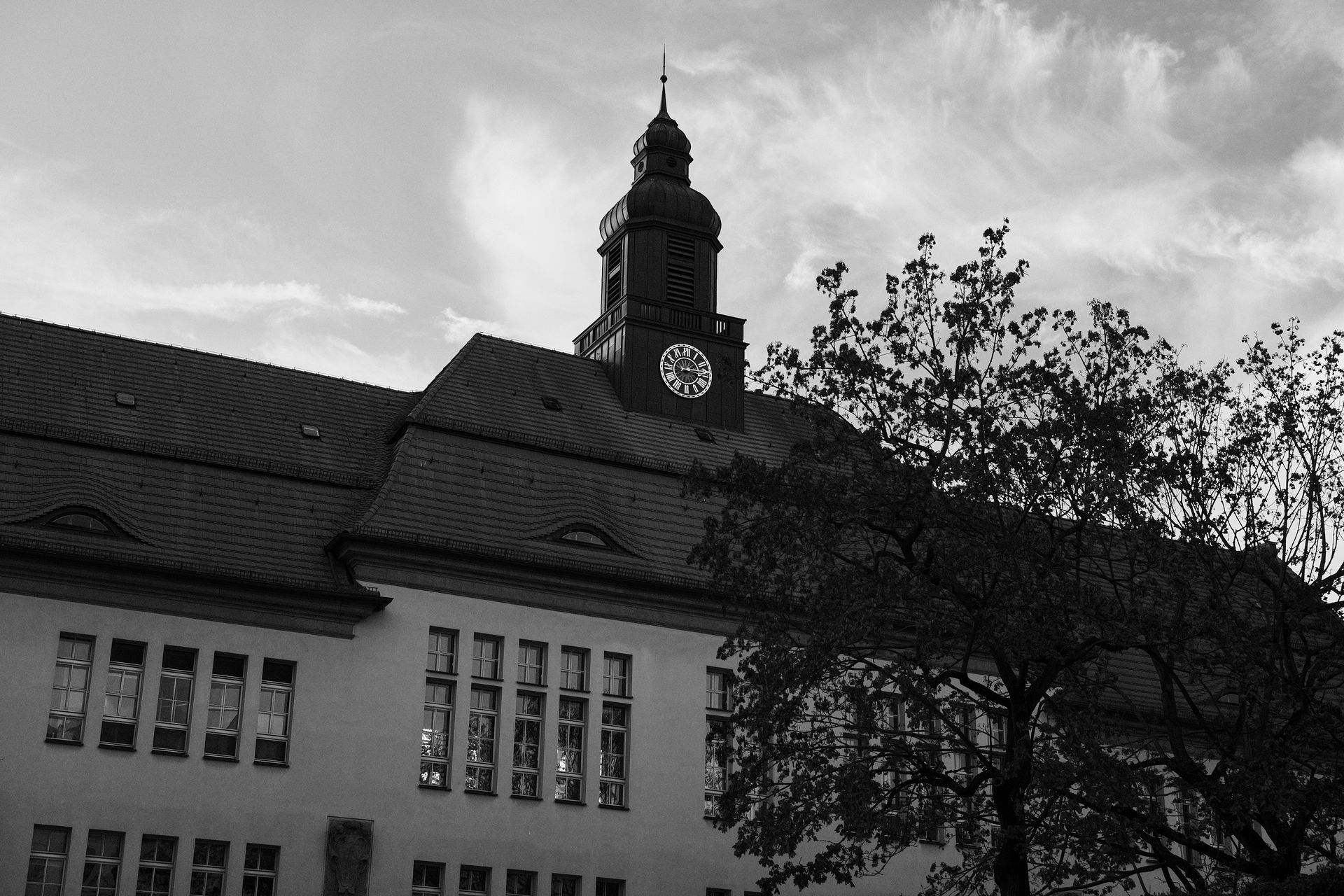Monochrome image of a historic Berlin building featuring a clock tower and tree silhouette.