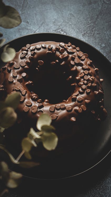 Close Up Photo of Chocolate Donut on Black Plate