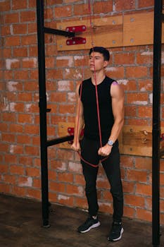 Adult man in gym performing resistance band workout against brick wall.