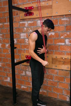 Adult male working out with resistance bands against a brick wall indoors.