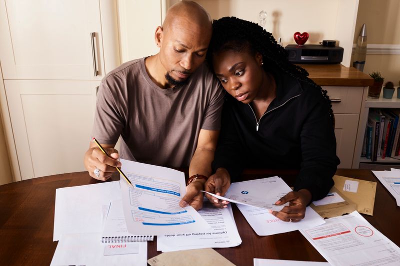 A couple sitting at a table reviewing financial documents, highlighting domestic budgeting.