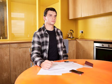 Adult man sitting at kitchen table reviewing documents with focus and concentration.