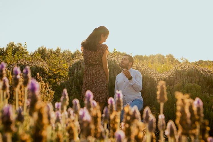 A Man In White Long Sleeves Proposing To His Partner On A Lavender Field