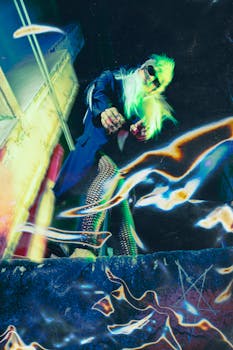 Dramatic neon-lit performance featuring a colorful costumed performer in a vibrant club setting.